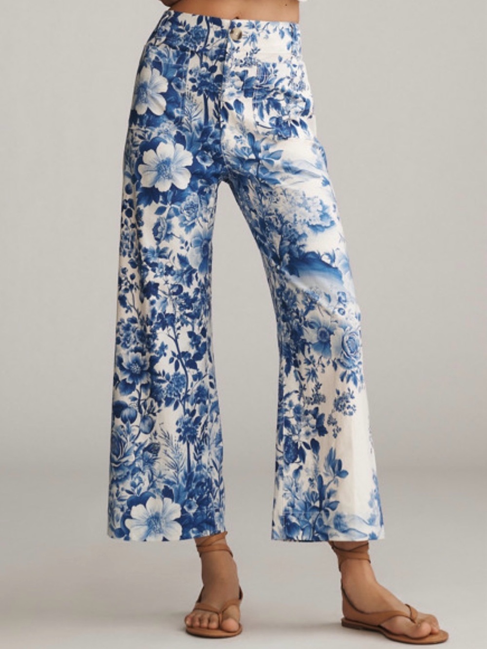 Anthropologie Maeve The Colette Cropped Wide-Leg Pant Linen Blend Blue Floral 29
